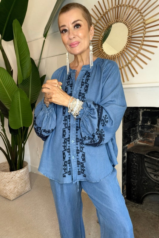 Soft Denim Embroidered Blouse