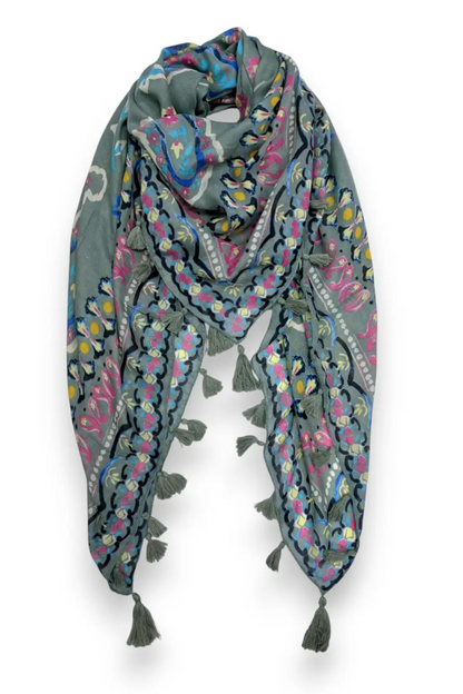 Paisley Print Tassel Square Scarf - Green