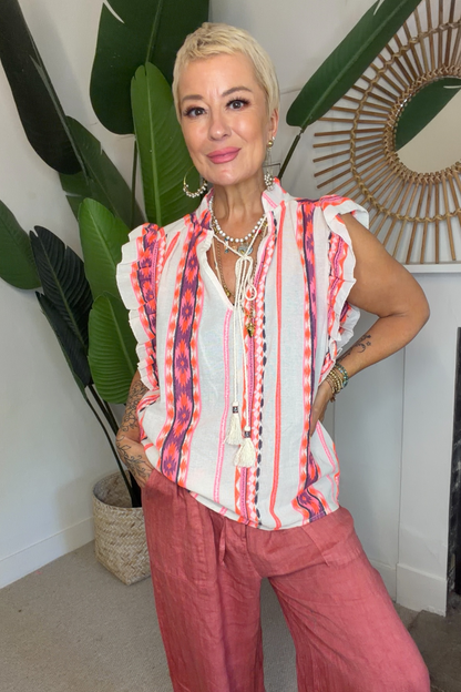 Embroidered Tassel Tie Top