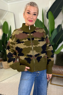 Camo Knitted Zip-Up Cardigan