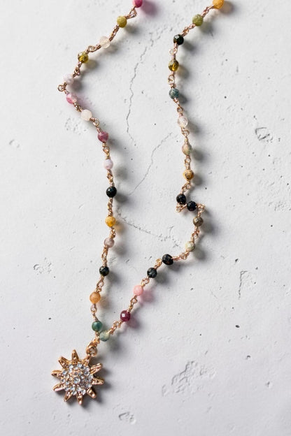 Multi Colour Semi Precious Beaded Sun Pendant Necklace