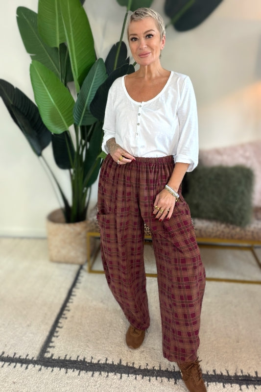 Checked Needle Cord Barrel Leg Trousers