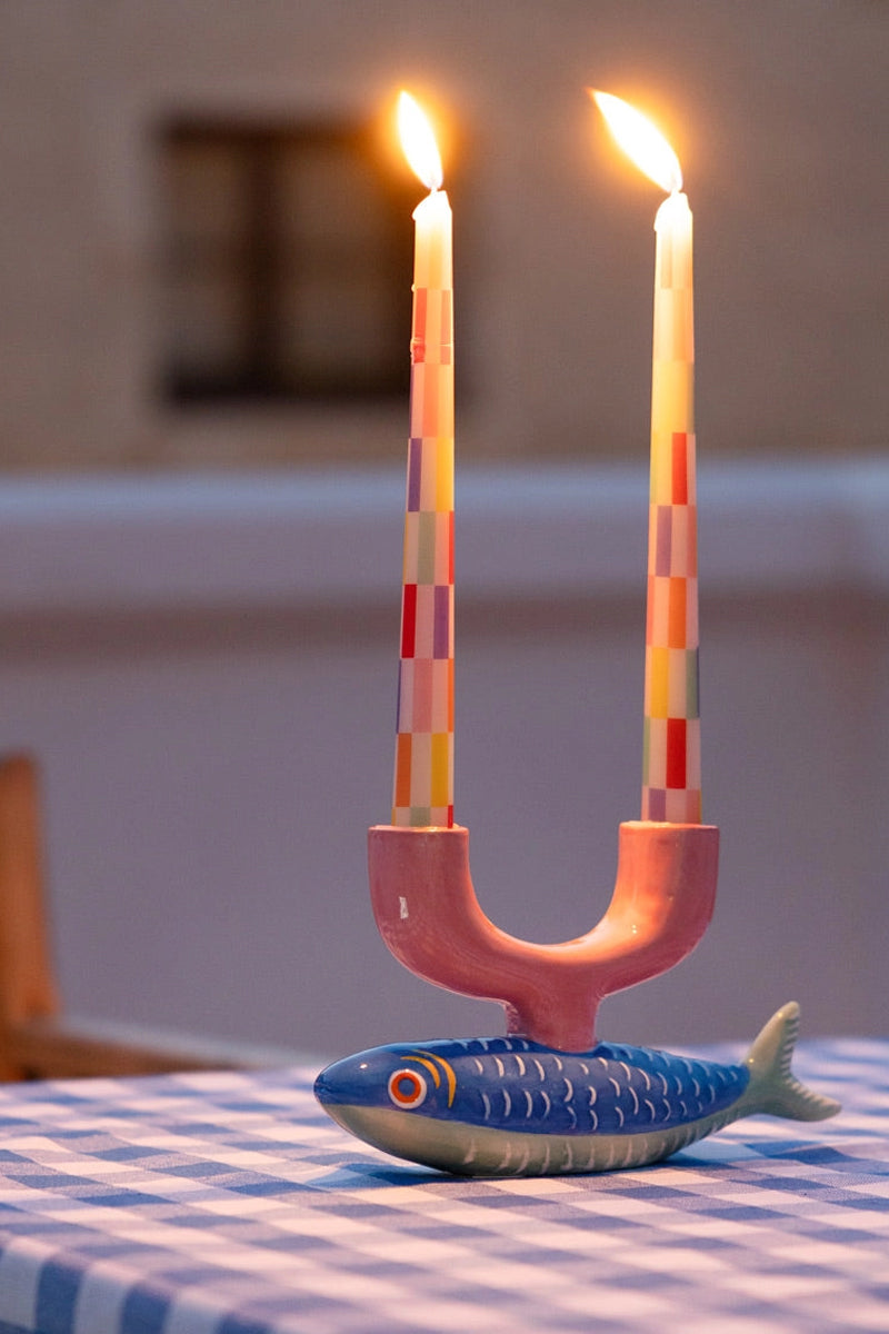 Multicolour Check Taper Candles - 2 Pack