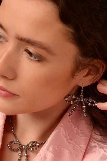 My Doris Silver Bow Beaded Earrings