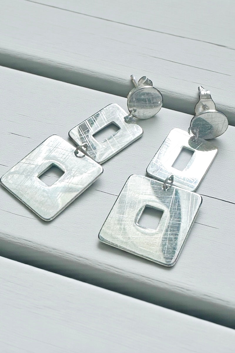 Silver Etched Square Drop Earrings
