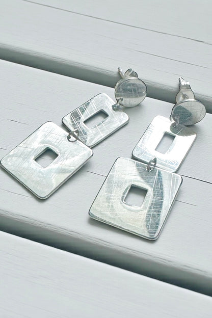Silver Etched Square Drop Earrings