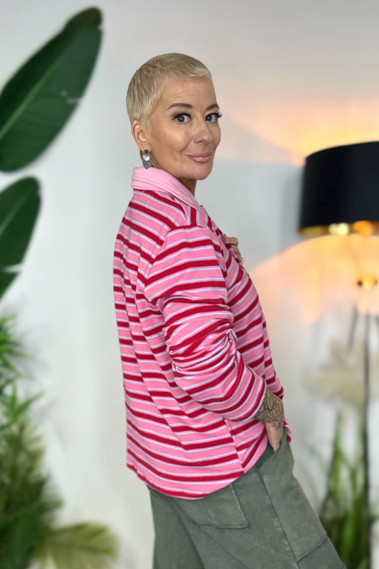 Button Down Stripe Rugby Shirt - Raspberry Ripple