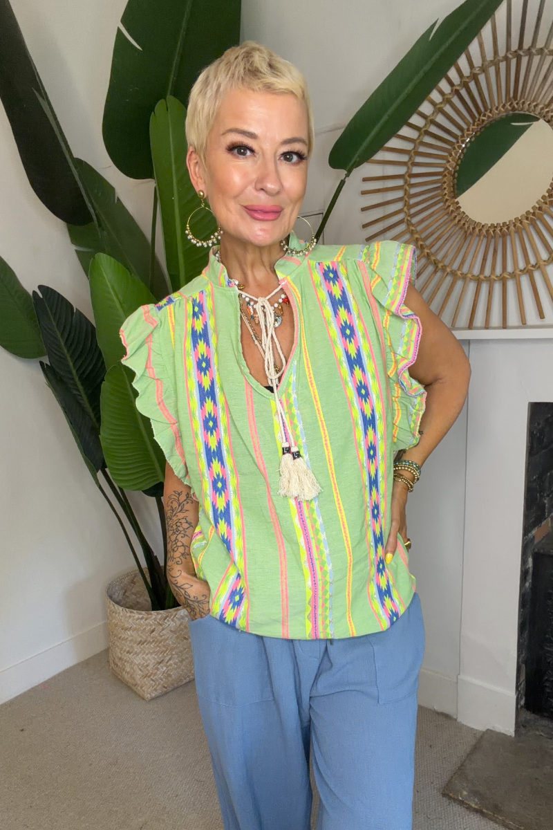 Embroidered Tassel Tie Top