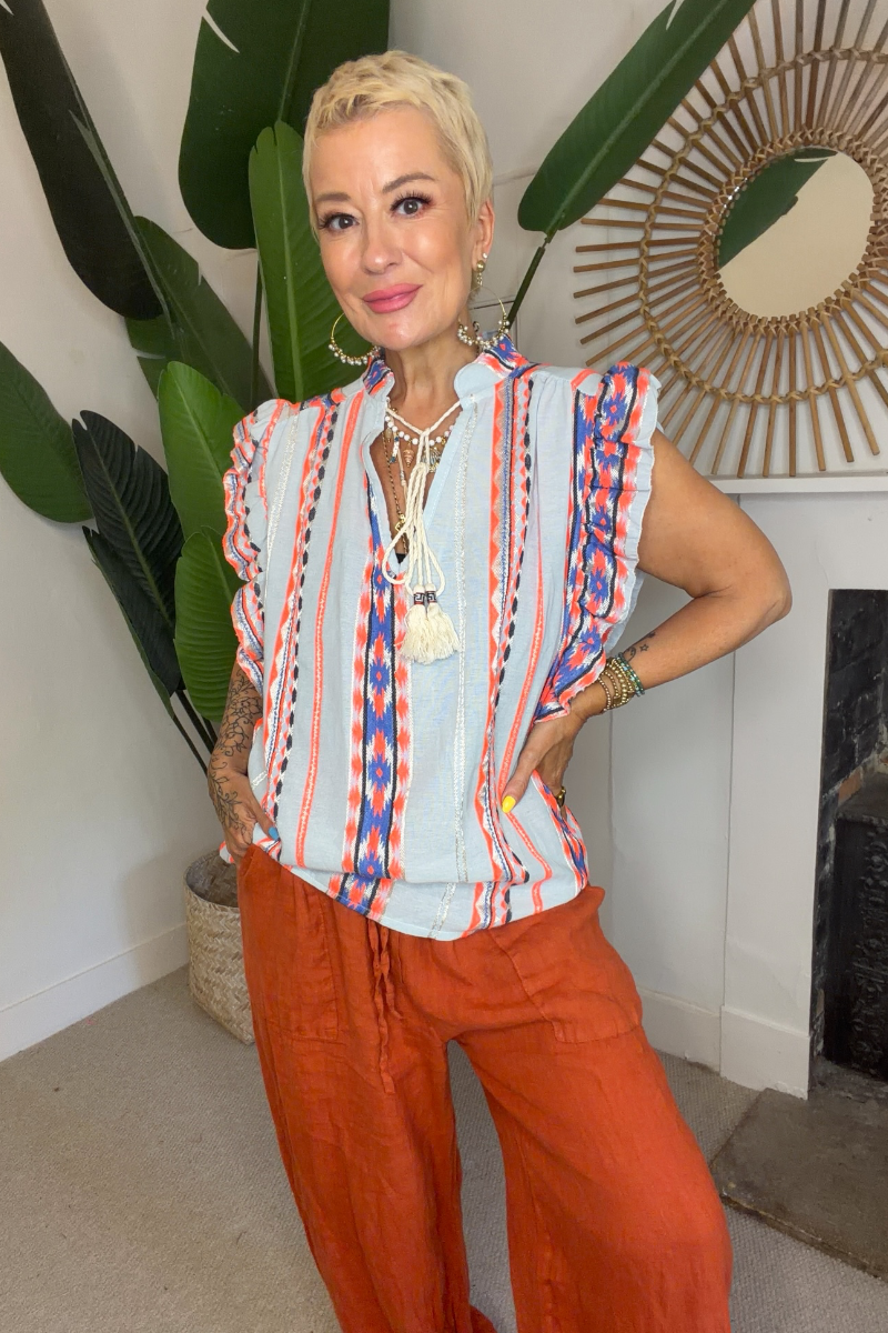 Embroidered Tassel Tie Top