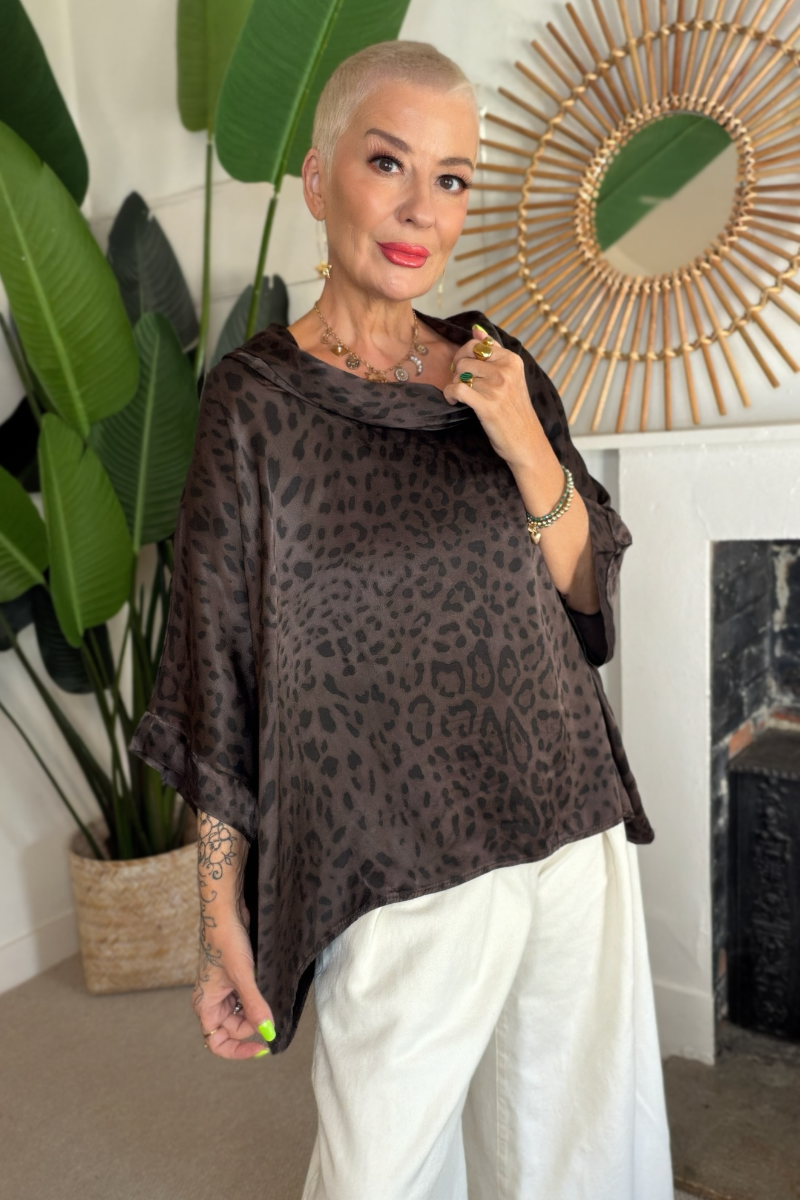 Leopard Print Cowl Neck Satin Top