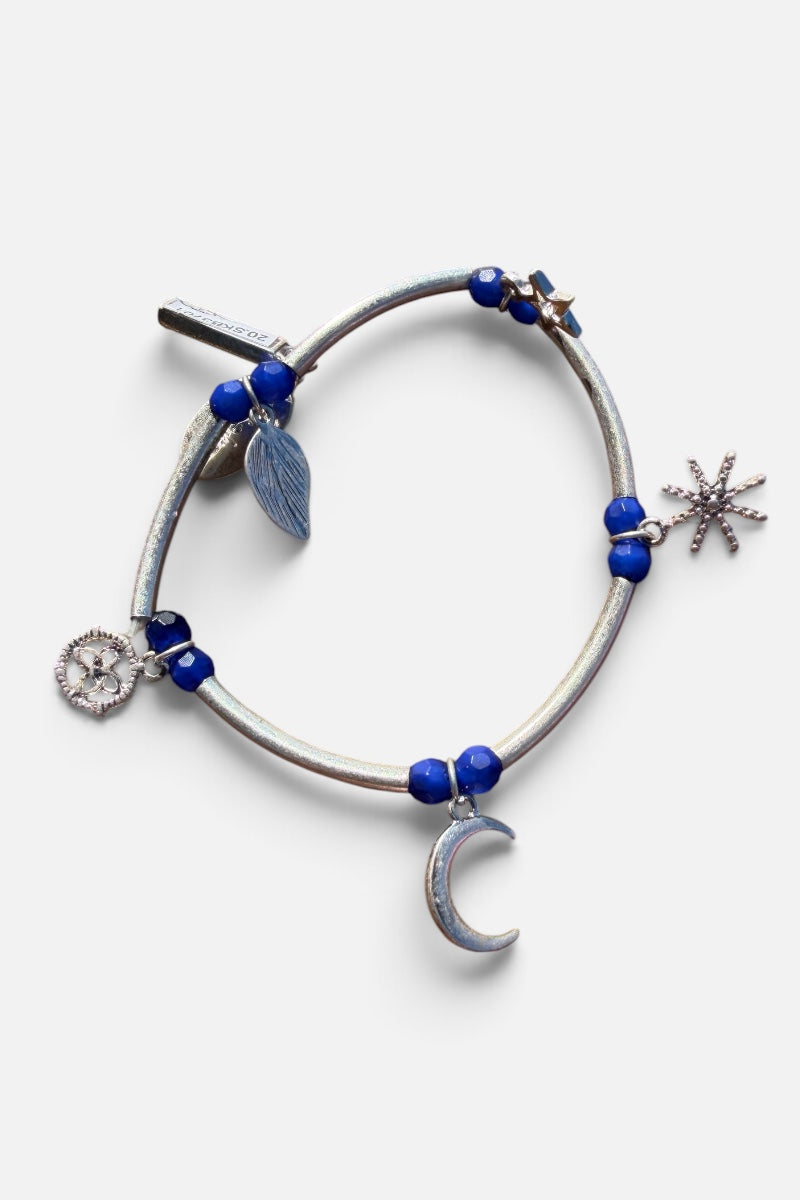 Silver Bar Blue Beaded Pendant Bracelet