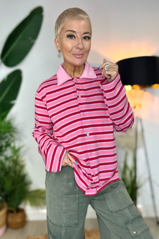 Button Down Stripe Rugby Shirt - Raspberry Ripple