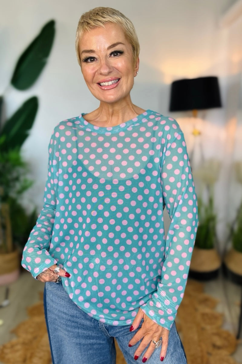 Polka Dot Print Mesh Top