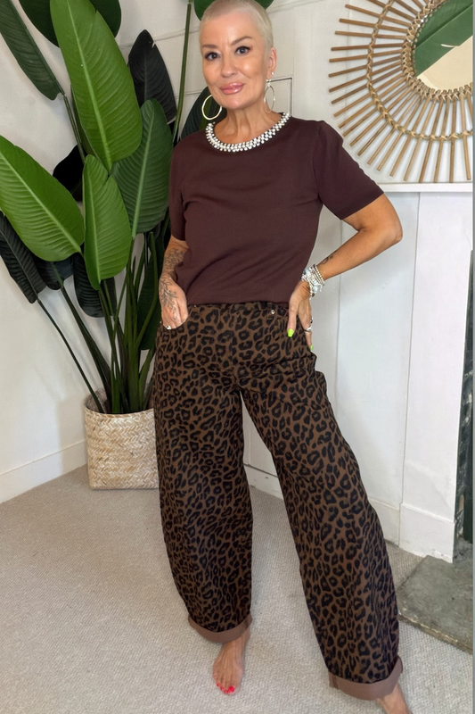 Leopard Print Barrel Leg Jeans
