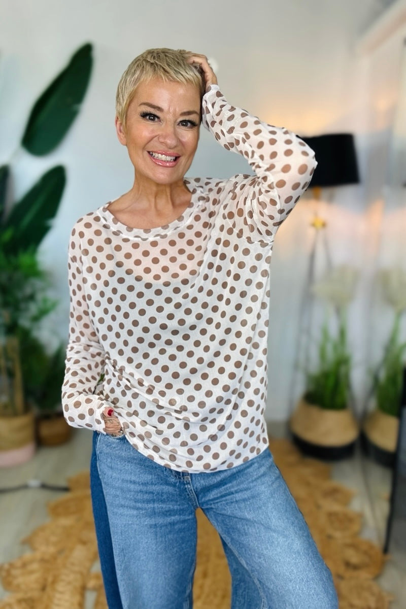 Polka Dot Print Mesh Top