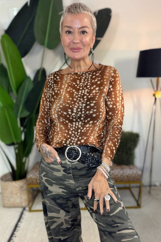 Sheerest Cashmere Mix Knitted Top  - Fawn print