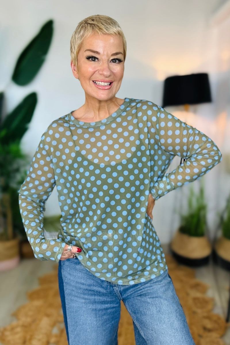 Polka Dot Print Mesh Top