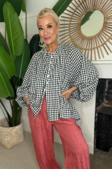 Gingham Balloon Sleeve Blouse