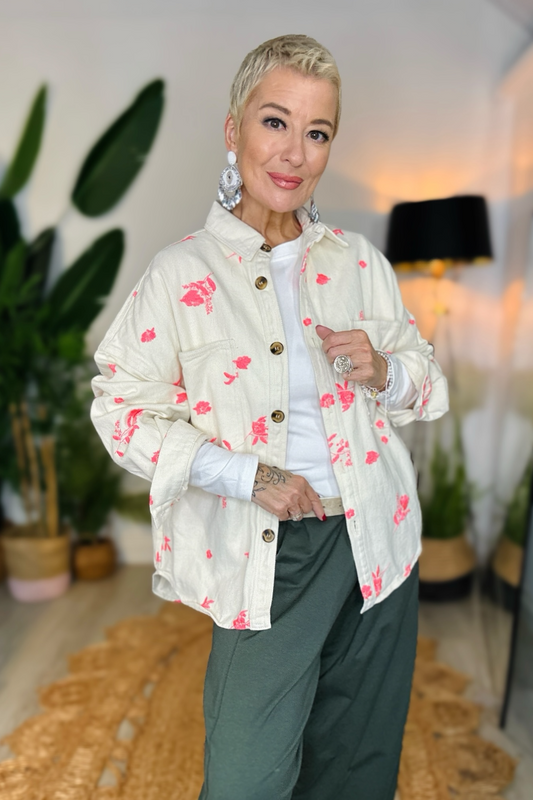 Denim Blossom Shacket - Coral