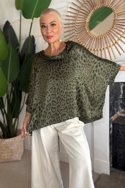 Leopard Print Cowl Neck Satin Top