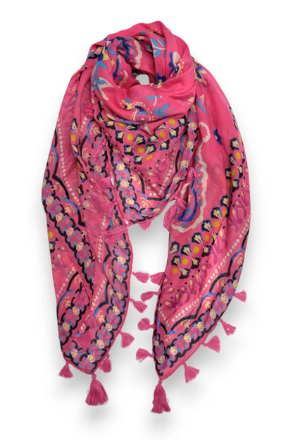 Paisley Print Tassel Square Scarf - Pink