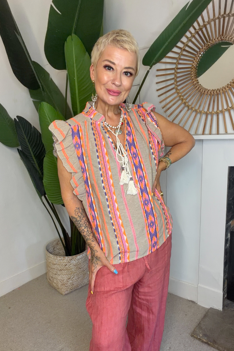Embroidered Tassel Tie Top