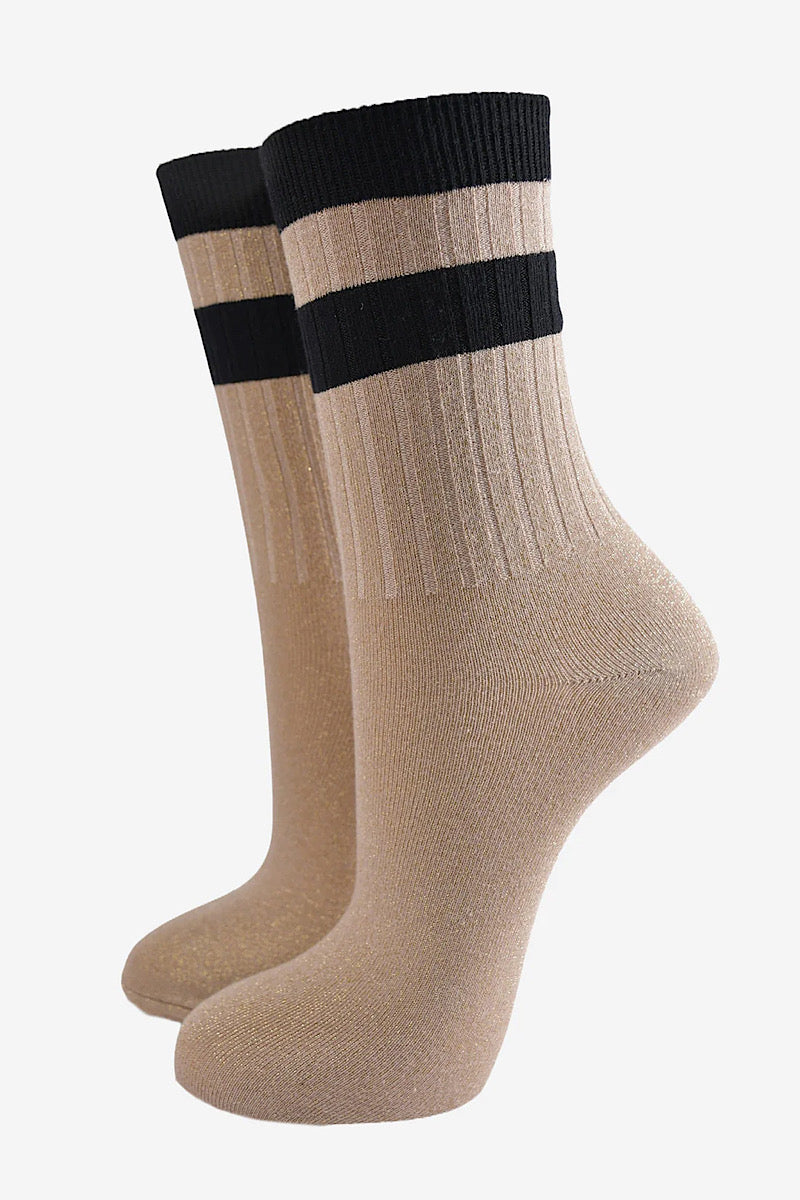 Stripe Cuff Glitter Socks - Gold/Black