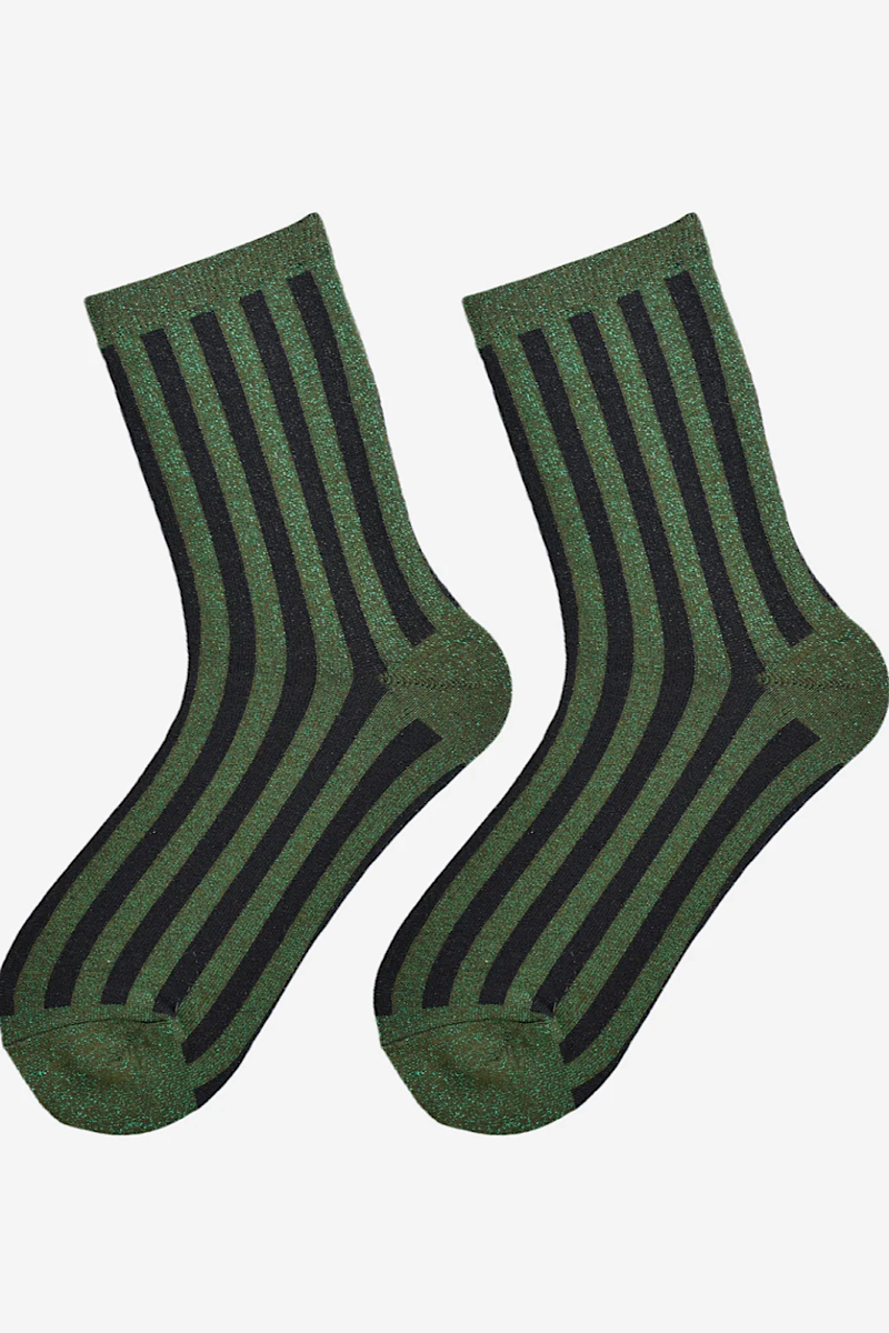 Vertical Stripe Glitter Socks - Khaki/Black