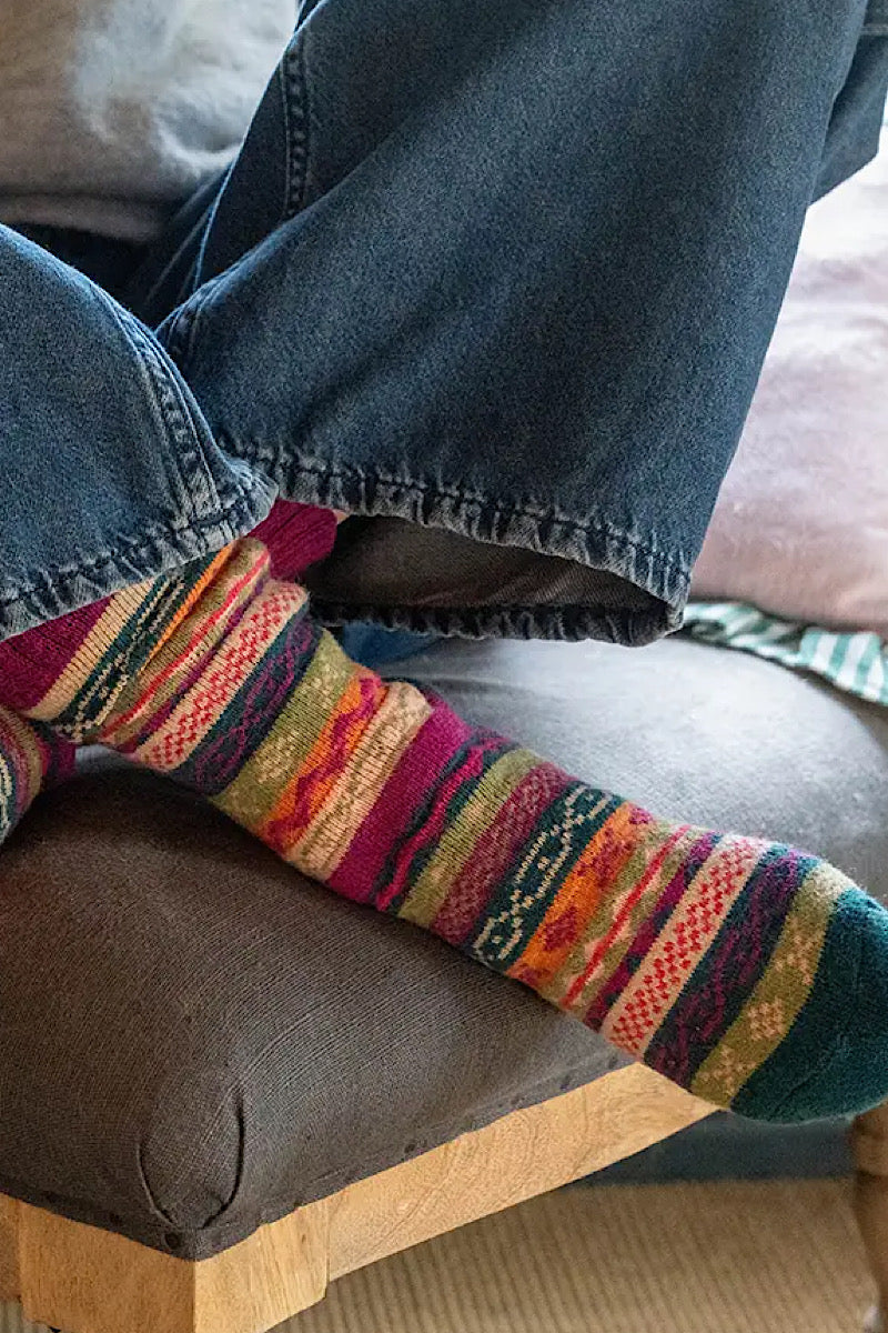Multi-Pattern Stripe Socks - Magenta & Teal Mix