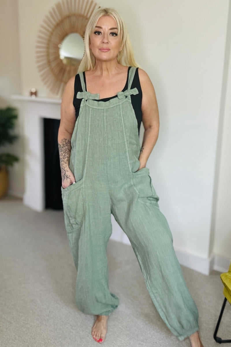 Relaxed Fit Dungarees Khaki Linen