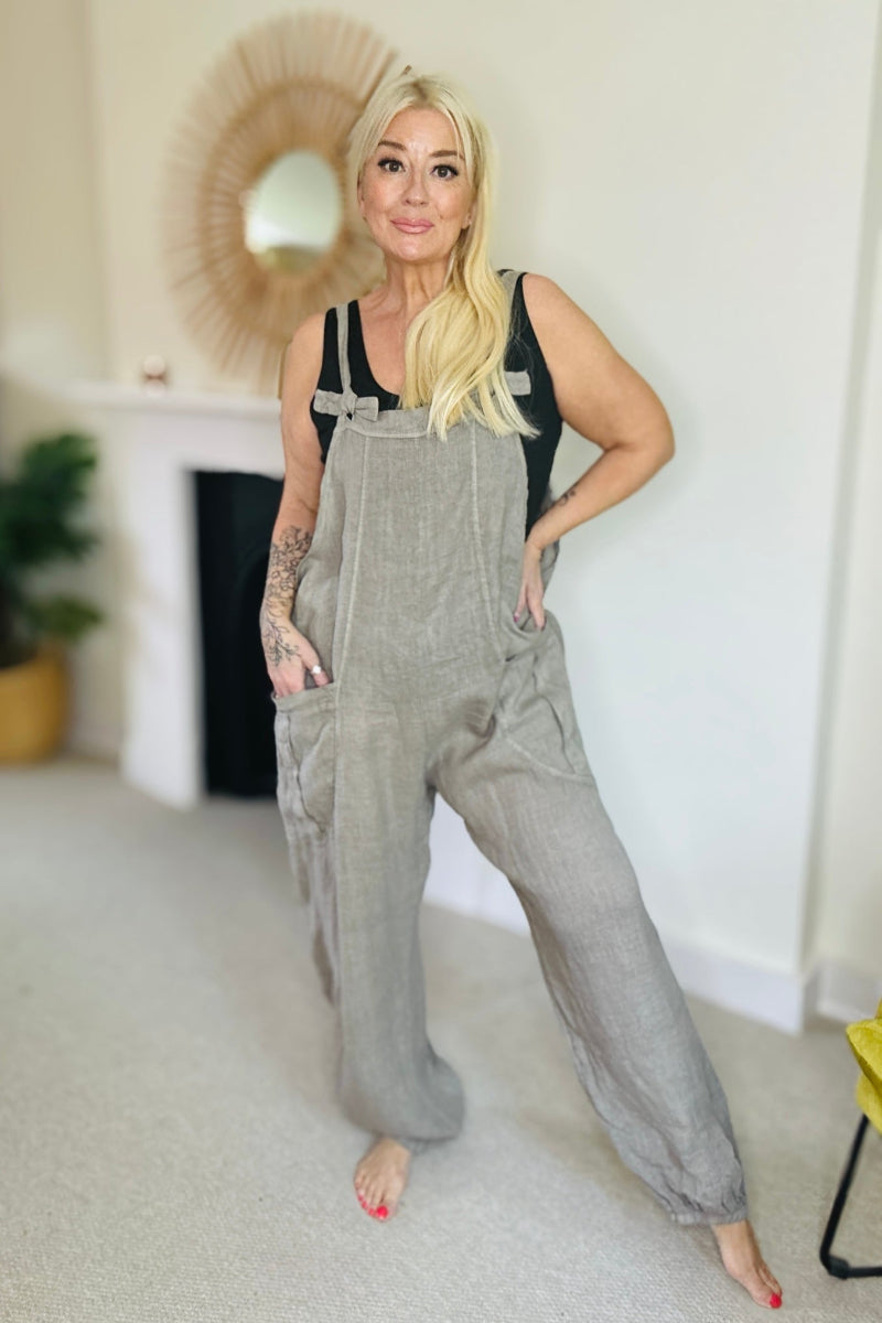 Mocha Bow Dungarees in Linen