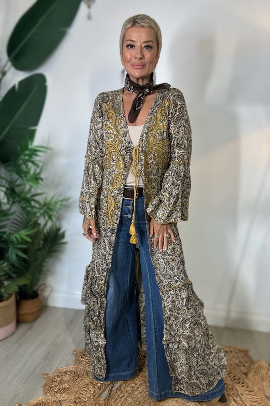 Hand-Embroidered Paisley Print Kimono