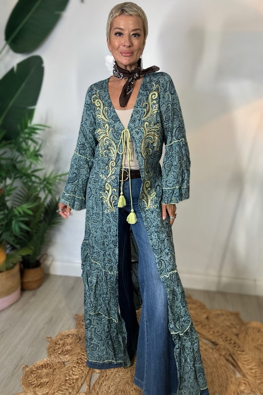 Hand-Embroidered Paisley Print Kimono