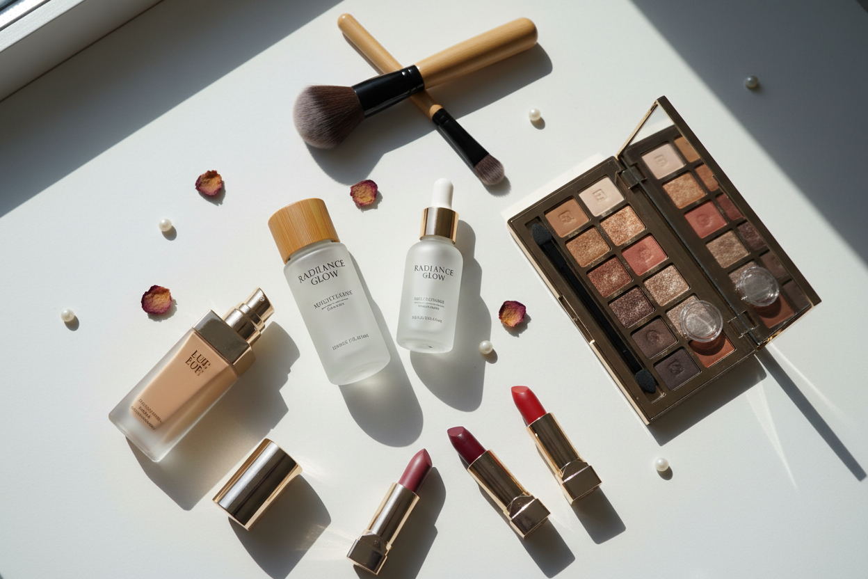 a flat lay of skin care and make up including a couple of make up brushes