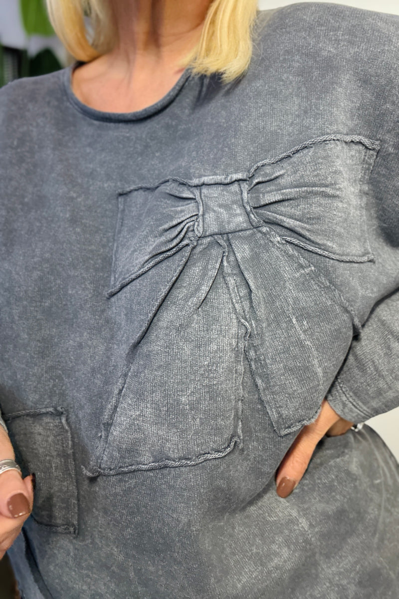 Acid Wash Bow Sweatshirt