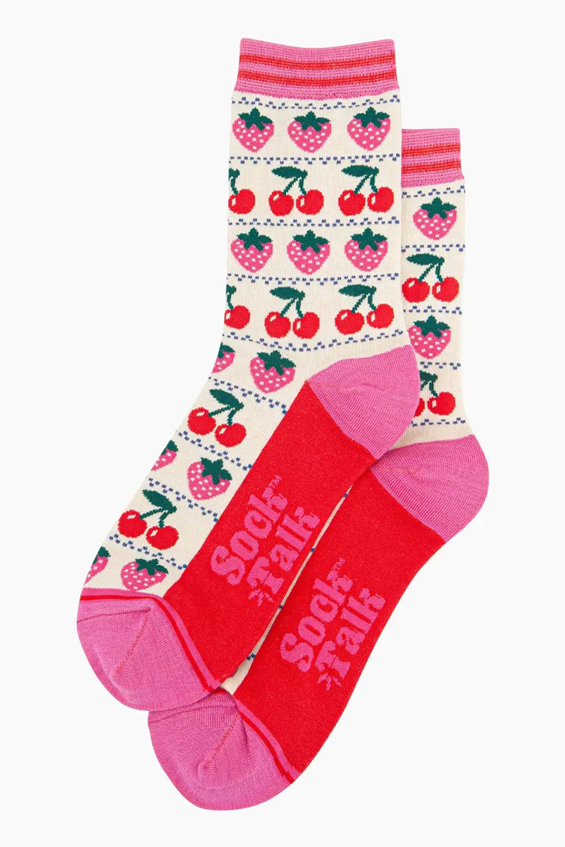 Bamboo Socks - Strawberry Cherry Fair Isle