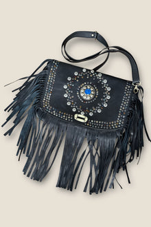Handmade Black Leather Crossbody Bag with Studs & Fringe - Leila Luxe ( Blue)
