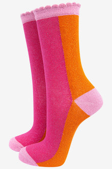 Cotton Glitter Socks Colour Block - Pink & Orange