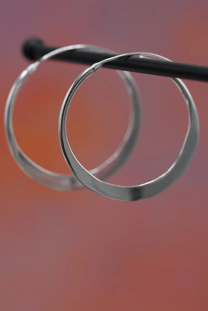 Hammered Flat Silver Hoop Earrings - 4cm