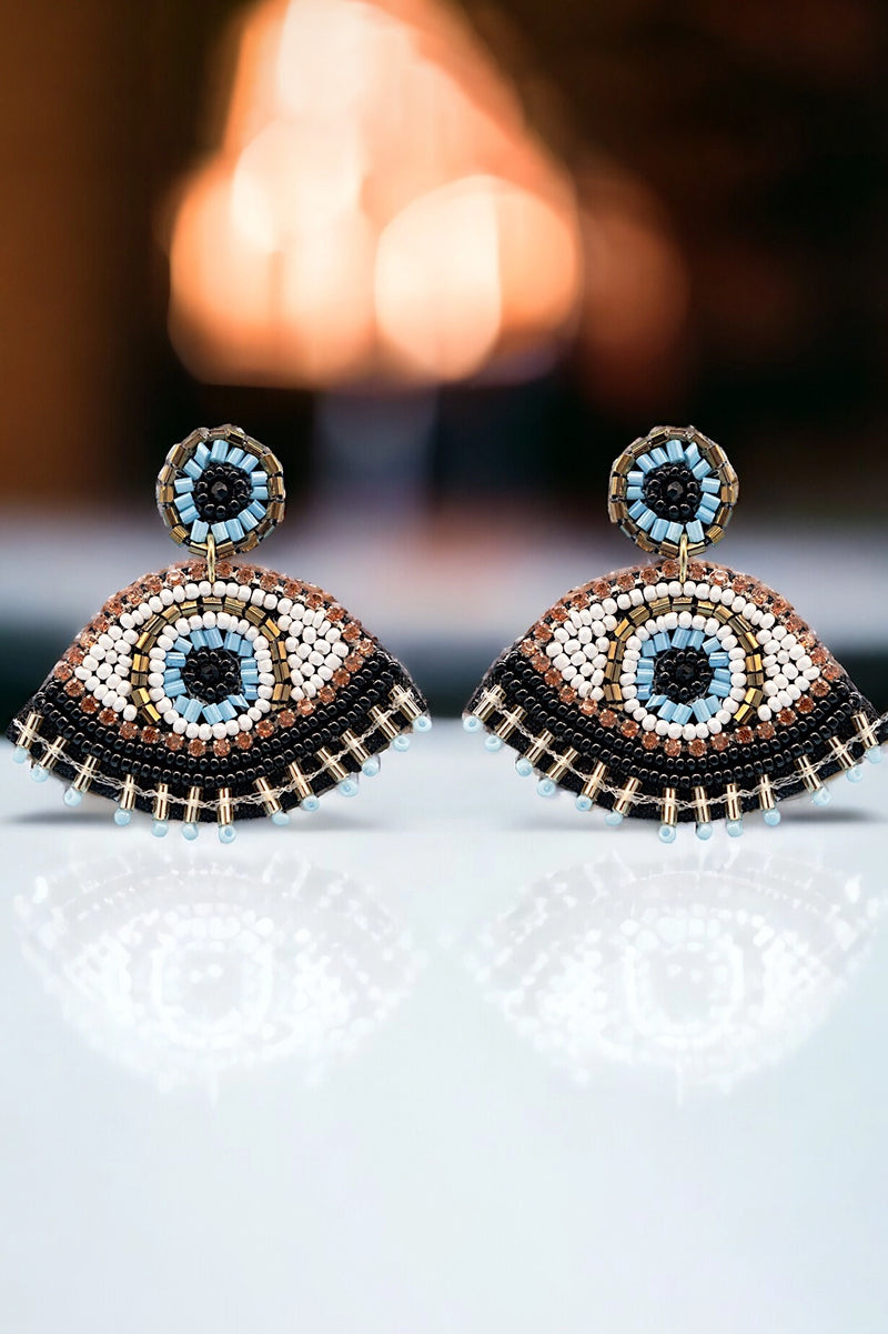 bronze & aqua beaded eye earrings