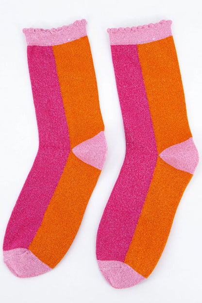 Cotton Glitter Socks Colour Block - Pink & Orange