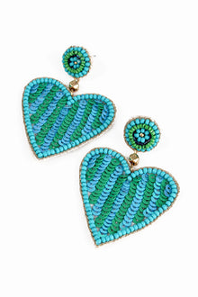 My Doris Green & Turquoise Stripe Beaded Heart Earrings