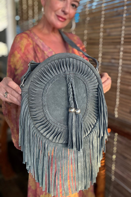 Artisan Goan Round Fringed Bag - Steel Grey