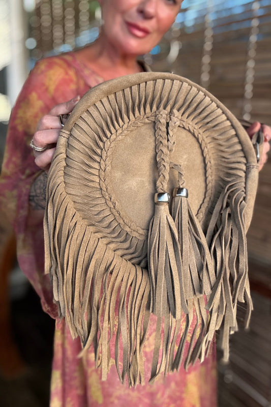 Artisan Goan Round Fringed Bag - Mocha