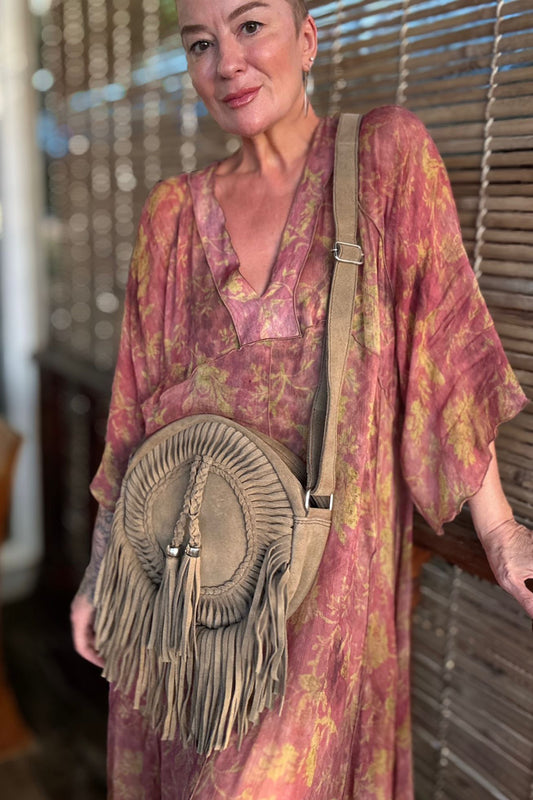 Artisan Goan Round Fringed Bag - Mocha