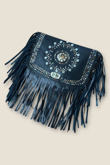 Handmade Black Leather Crossbody Bag with Studs & Fringe - Leila Luxe (Neutral)