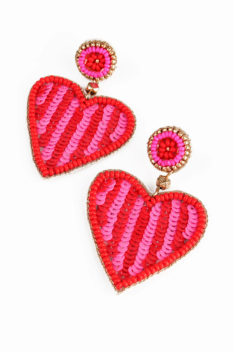 My Doris Pink & Red Stripe Beaded Heart Earrings