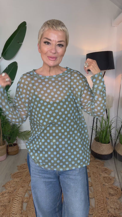 Polka Dot Print Mesh Top