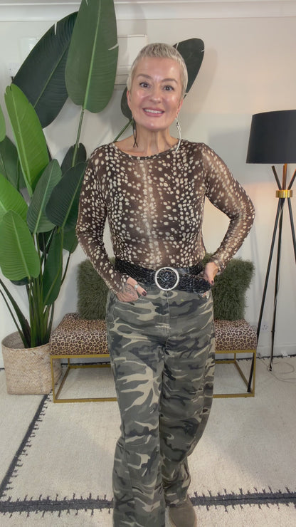 Sheerest Cashmere Mix Knitted Top  - Fawn print