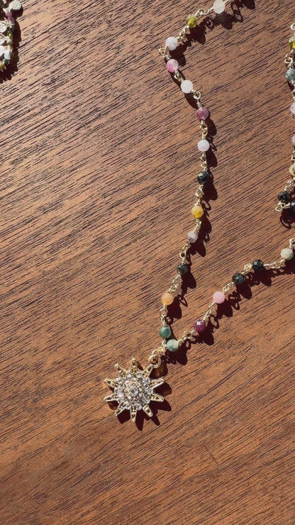 Multi Colour Semi Precious Beaded Sun Pendant Necklace